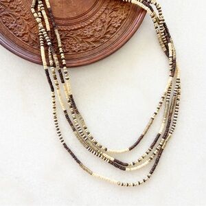 Chico’s Long Necklace Multi Strand Brown Wood Beaded Gold Earthy Natural Summer